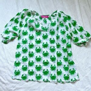 Preppy Girl Palm Beach green crab print blouse